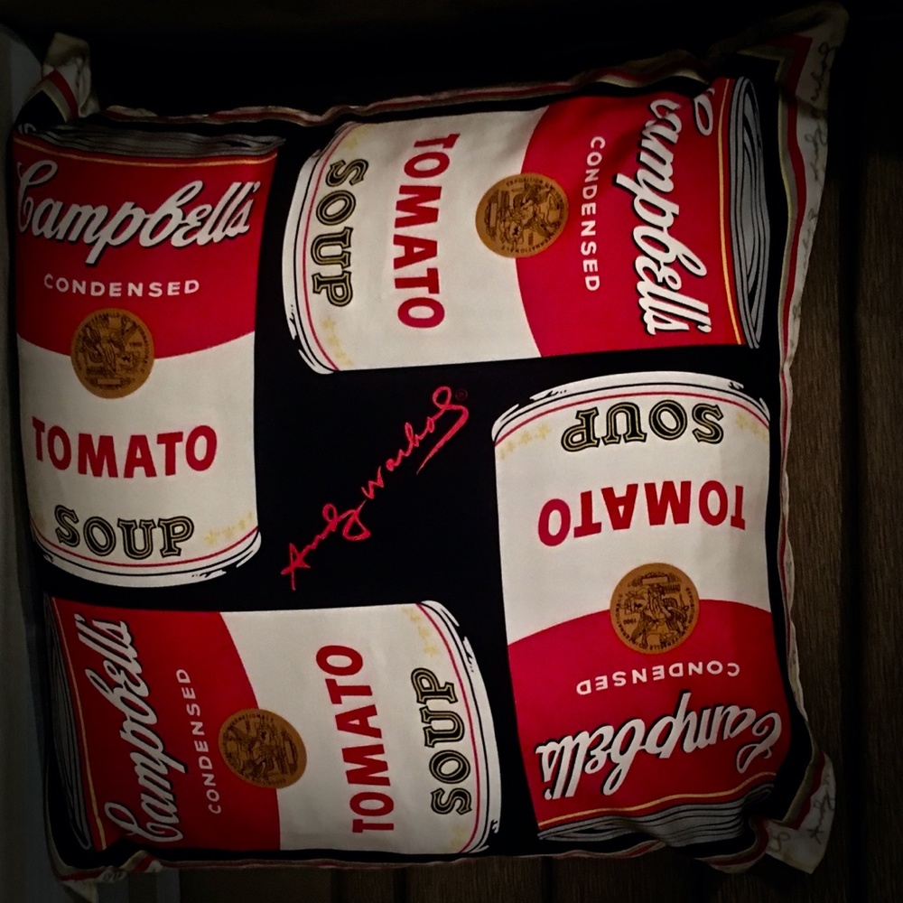 Holiday💫Andy Warhol signed CampbellSoup pillow 36x36 custom made from silk scarf